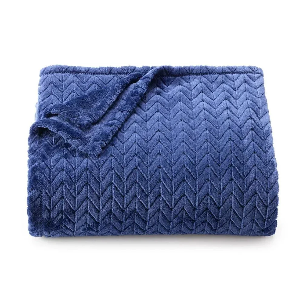 The Big One Oversized Supersoft Plush Throw Blanket Navy Jacquard New